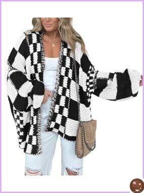 Women's Chunky Knit Open Front Long Sleeve Cardigan Sweater V-Neck Checkered